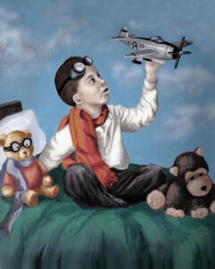 painting of a boy and his plane